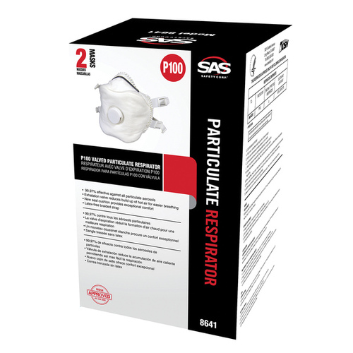 SAS Safety Corp. 8641 Valved Particulate Respirator, P100 Filter, Polypropylene Fabric, White