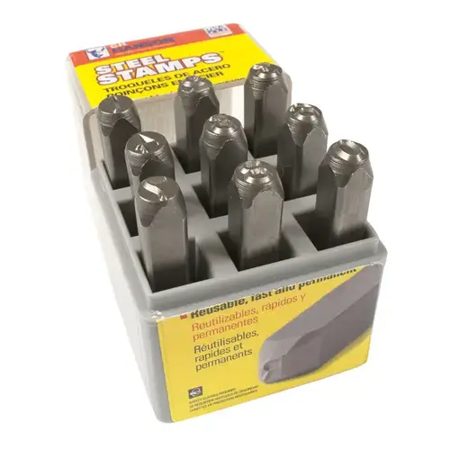 Number Stamp Set, 9-Piece, Steel, Specifications: 1/4 in Character, 3/8 x 2-5/8 Shank