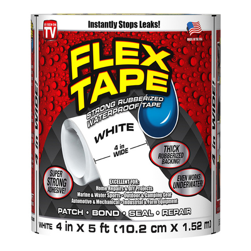 Waterproof Tape, 5 ft L, 4 in W, Rubber Backing White