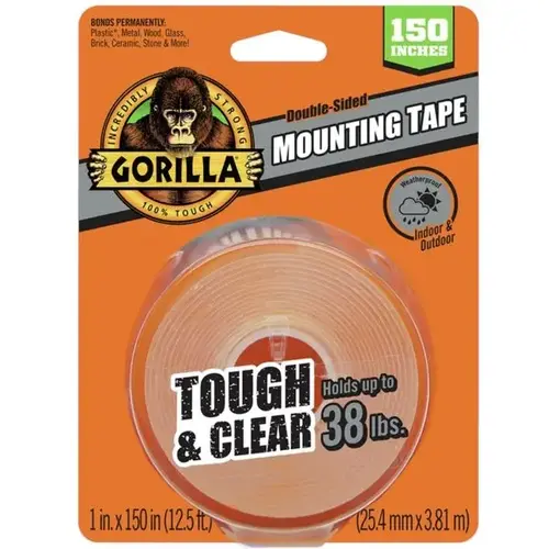 Gorilla 6036002 TOUGH & CLEAR Mounting Tape, 150 in L, 1 in W, Clear