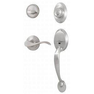 Hillcrest Single Cylinder Handleset with Left Hand New Haven Trim with Adjustable Latch and Round Corner Strikes Satin Nickel Finish