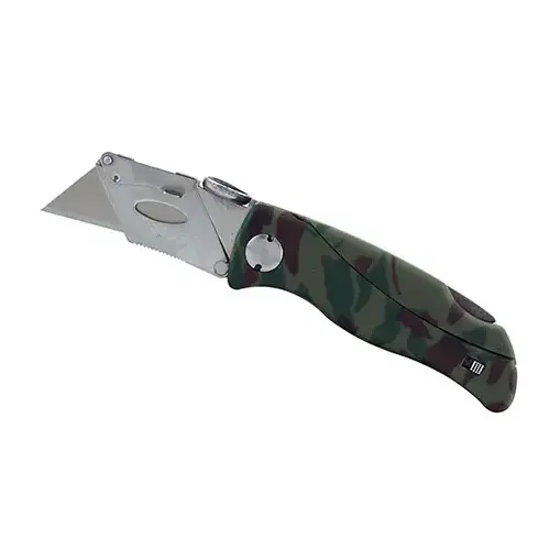 Utility Knife, 2-1/2 in L Blade, Stainless Steel Blade, Curved Handle, Camouflage Handle