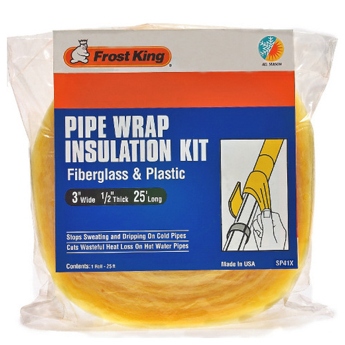 Frost King SP41X Pipe Wrap Kit, 25 ft L, 3 in W, 1/2 in Thick, 1.6 R-Value, Fiberglass Yellow