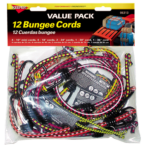 Bungee Cord, Rubber, Hook End Assorted Colors - pack of 12