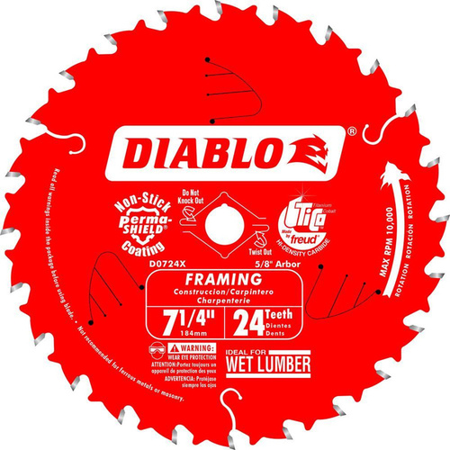 Circular Saw Blade, 7-1/4 in Dia, 5/8 in Arbor, 24-Teeth, Carbide Cutting Edge - pack of 10