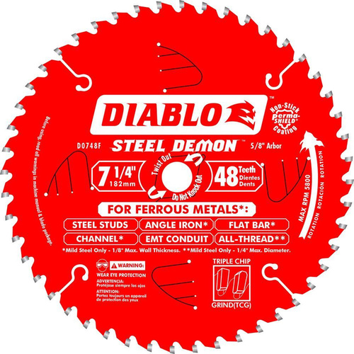 Diablo D0748CFA Steel Demon Circular Saw Blade, 7-1/4 in Dia, 5/8 in Arbor, 48-Teeth, Cermet Cutting Edge Red