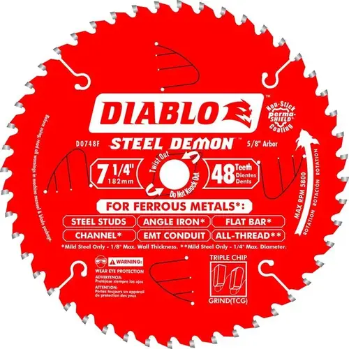 Steel Demon Circular Saw Blade, 7-1/4 in Dia, 5/8 in Arbor, 48-Teeth, Cermet Cutting Edge Red