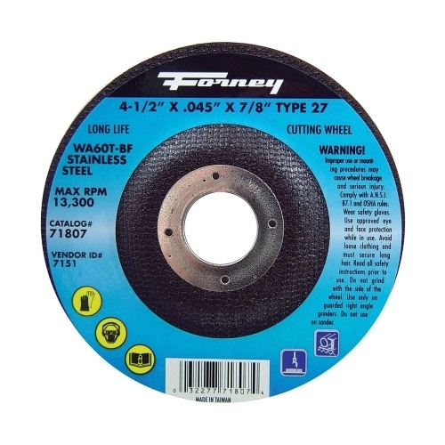 Cut-Off Wheel, 4-1/2 in Dia, 0.045 in Thick, 7/8 in Arbor, 46 Grit, Medium, Aluminum Oxide Abrasive