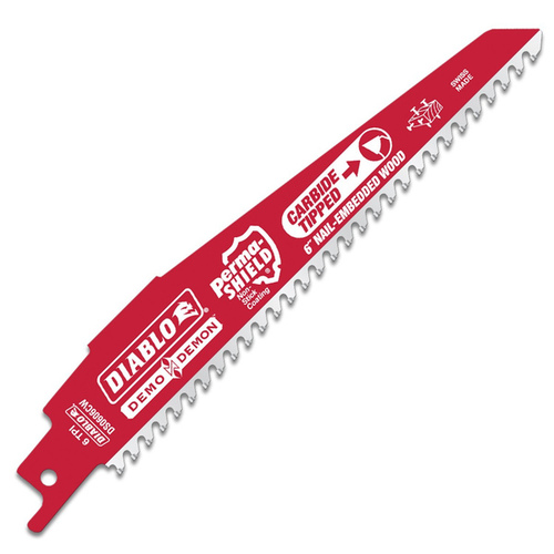 Reciprocating Saw Blade, 1 in W, 6 in L, 6/9 TPI, Carbide Cutting Edge Red