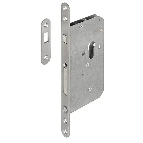 Mortise lock, for sliding doors, with compass bolt, profile cylinder Forend width 20 mm, for residential areas, Stainless steel, matt plates Lock face plate and strike plate: Matt; Compass bolt, pull handle and push button: Nickel-plated polished; Lock case: Lacquered