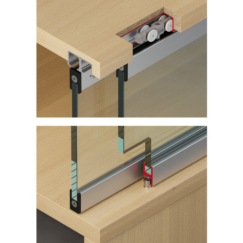 Sliding Door Hardware, Slido F-Line21 12D, Set For 2 doors; With soft and self closing mechanism, 12 kg Infront, for 2 doors, with soft and self closing mechanism on one side, 12 kg