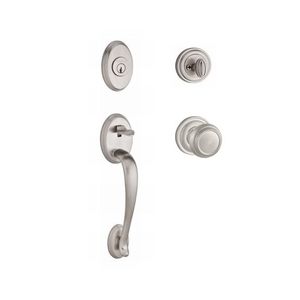 Single Cylinder Columbus Handleset Traditional Knob and Traditional Round Rose with 6AL Latch and Dual Strike Satin Nickel Finish