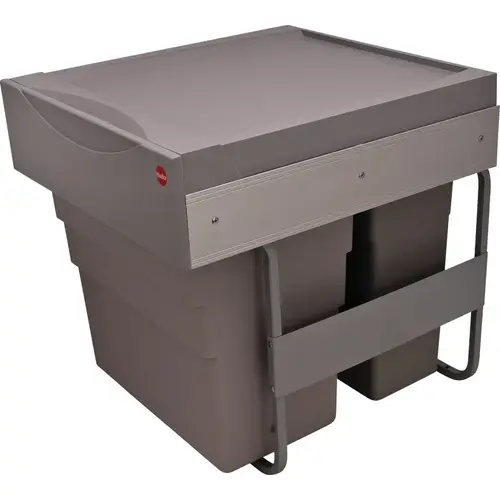 Waste Bin Pull-Out, Hailo Easy Cargo 50, Double Installation behind hinged doors, bin: plastic signal gray, cabinet width: min. 500 mm Frame: Metal Bins: Plastic