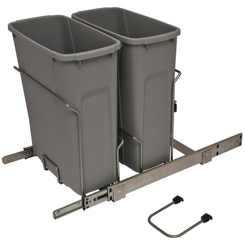 Waste Bin Pull-Out, KV Bottom Mount, Double, Ball Bearing Slide with Overtravel and Soft-Close 20 1/8" 17 5/16" SCB15-2-20PT 14 3/8" Frosted nickel, 2 x 20 qt. Steel Bins: Plastic, Frosted nickel