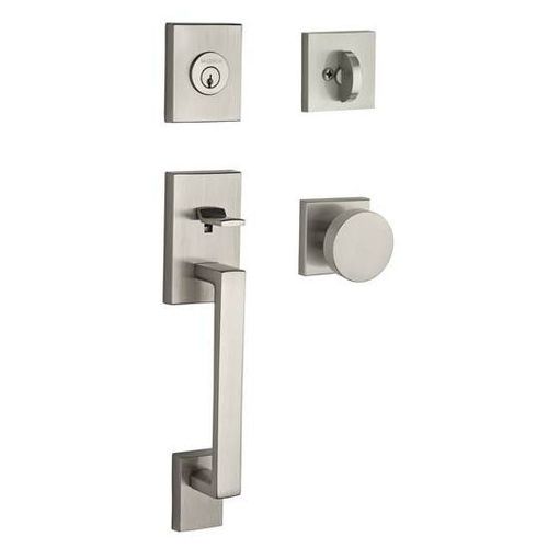 Single Cylinder La Jolla Handleset Contemporary Knob Contemporary Square Rose with 6AL Latch and Dual Strike Satin Nickel Finish