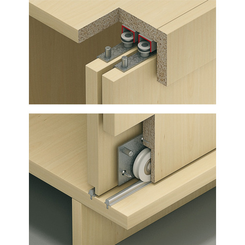 Sliding Door Hardware, Slido F-Line15 55A, set 3 For Bottom Running Wood doors, for Door Weights up to 121 lbs., for 3 doors, without height adjustment Rollers: Plastic Axis: Steel