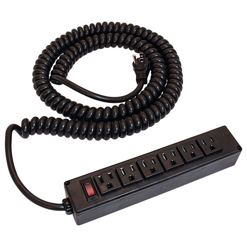 Power Strip, 6 Outlet with Spiral Power Cord Plastic, black Black