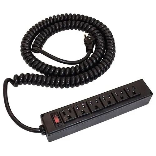 Power Strip, 6 Outlet with Spiral Power Cord Plastic, black Black