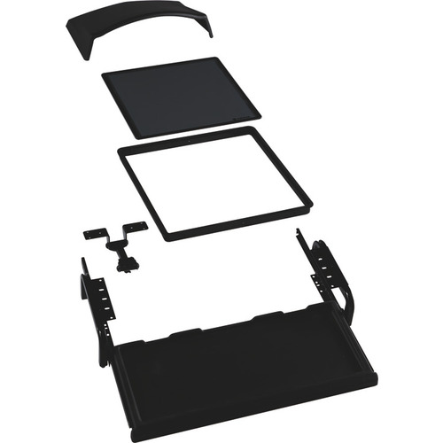 Hafele 639.90.390 Monitor Suspension System, for Flat Screen Monitors Keyboard tray width: (24") 610 mm (24") 610 mm keyboard tray width Glare shield, trim grommet: Black, Epoxy, powder-coated Glass: Tinted and tempered