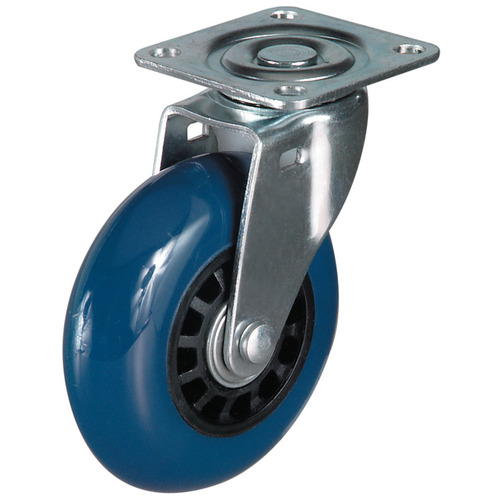 Coal Box Caster, With soft running surface, fixed or free running Screw-on plate or M10 threaded bolt, Blue Outer wheel: Blue, Inner wheel: Black, Housing: zinc plated, Housing: Galvanized Wheel: Black Running surface: Grey