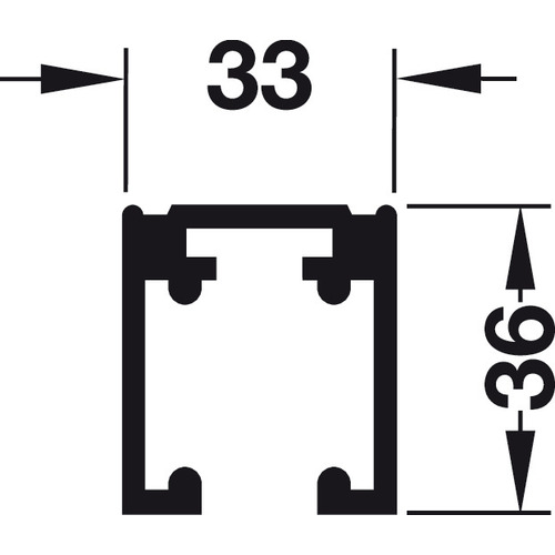 Single Upper Track, Pre-Drilled 11' 5 13/16" (1 7/16 x 1 5/16") 36 x 33 mm, silver colored anodized, length: 3,500 mm, aluminum Silver colored, anodized