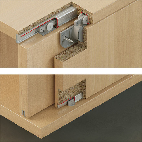 Sliding Door Hardware, Slido F-Line21 12C, set 515 mm with soft and self closing mechanism on both sides For small wooden sliding doors, for door weights up to 12 kg, With dual soft closing on each door Housing: Plastic Laufwerk: Plastic Guide: Plastic Rollers: Plastic Axis: Steel