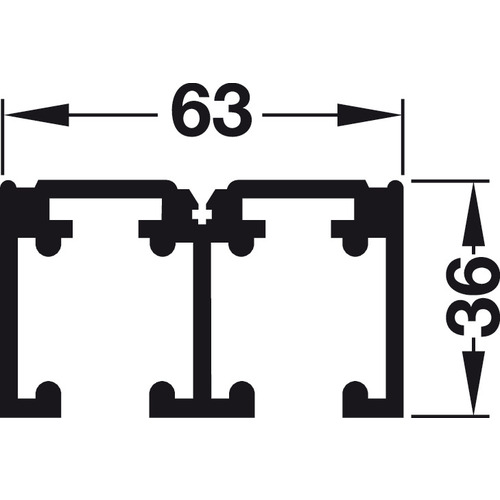 Double Upper Track, Pre-Drilled 11' 5 13/16" (1 7/16 x 2 1/2") 36 x 63 mm, silver colored anodized, length: 3,500 mm, aluminum Silver colored, anodized