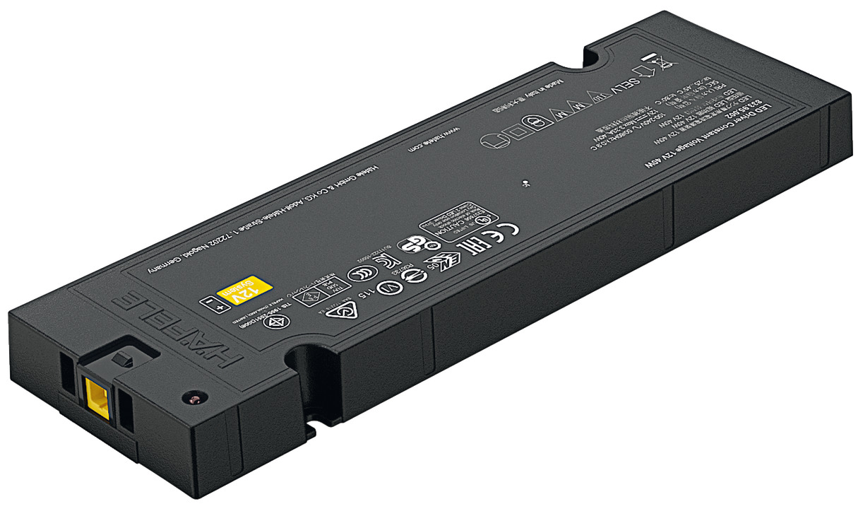 Hafele 833.95.002 Driver, Hfele Loox5, constant voltage 12 V -2545 C 191 x 60 x 16 mm 0.89 0.89 3.33 A 40 W 0.12 W 0.12 W 184 g with efficiency factor correction, Voltage 12 V, output power: 40 W, with efficiency factor correction Black