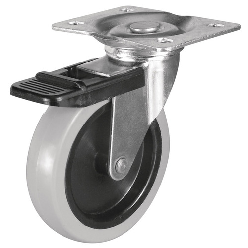 Caster, Plate Mount, with Brake, Load-Bearing Capacity 66 lbs. 4" 5" 100 mm Wheel diameter 100 mm Outer wheel: Gray Inner wheel: Black, Outer wheel: Gray Inner wheel: Black