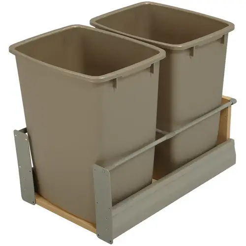 Waste Bin Pull-Out, Hafele Matrix, Double 49 l / 49 l 2 x 52 qt Min. 24" Frame: champagne, bottom and back: maple melamine, bin: champagne; 2 x 52 qt Frame: Steel Bottom & back: Particle board Bin: Plastic