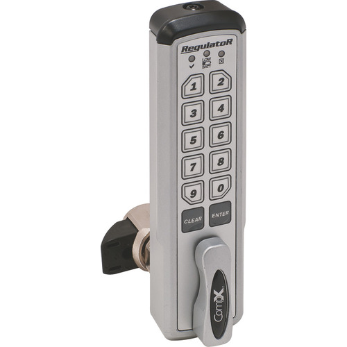 Regulator Keypad Lock, Self-Locking 7/8" Vertical lock, lever on bottom RegulatoR -, Vertical, with lever on bottom, 1 3/16" cylinder length Housing: Gray