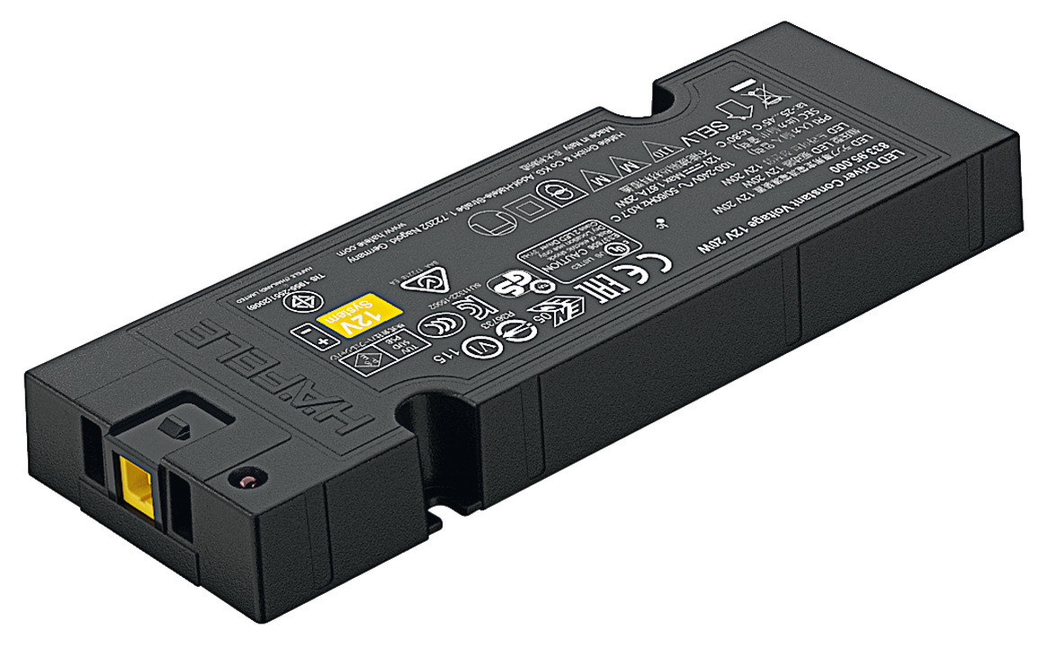 Hafele 833.95.000 Driver, Hfele Loox5, constant voltage 12 V -2545 C 140 x 50 x 16 mm 0.86 0.87 1.67 A 20 W 0.07 W 0.07 W 99 g 20 W, Voltage 12 V, output power: 20 W Black