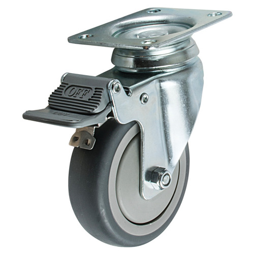 Swiveling Caster, Plate Mount, with Brake 154 lbs 75.00 mm Wheel diameter 75 mm Outer wheel: GrayInner wheel: Light gray, Support Plate: Zinc