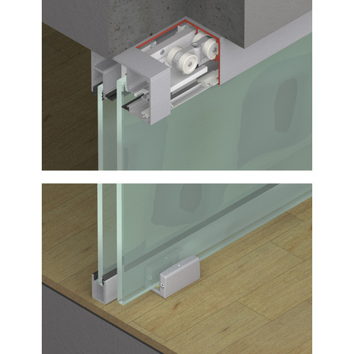 Sliding door fitting, Hawa Porta 100 GW/GWF, set for 1-leaf glass sliding doors, surface mounted or flush fitted in ceiling, for door weight up to 100 kg, Clear anodized