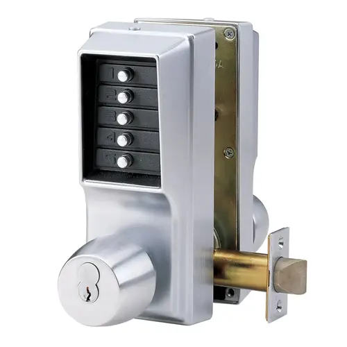 Back to Back Mechanical Pushbutton Lock, Cylindrical with Knob and Double Key Override, Entry Egress with 2-3/4" Backset and Schlage Prep Satin Chrome Finish