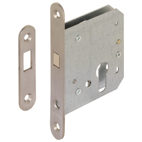 Mortise lock, Entrance Function, For sliding doors, with compass bolt, profile cylinder, backset 55 mm Forend width 20 mm, for residential areas, Steel plates Lock face plate and strike plate: Matt; Compass bolt: Polished Nickel; Lock case: Lacquered