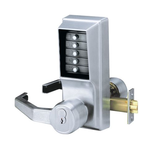 Simplex LL1021S26D Left Hand Mechanical Pushbutton Lever Lock with Key Override, Schlage Prep and 2-3/4" Backset Satin Chrome Finish