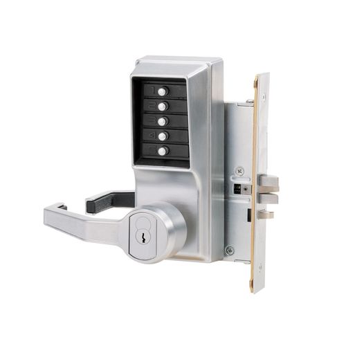 Right Hand Mechanical Pushbutton Lever Mortise Combination Entry Passage Lockout with Key Override, Schlage Prep Satin Chrome Finish