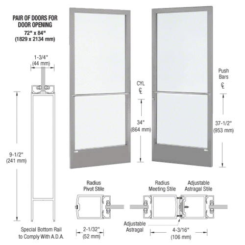 Clear Anodized 250 Series Narrow Stile Pair 6'0 x 7'0 Center Hung for OHCC w/Standard Push Bars Complete ADA Door(s) with Lock Indicator, Cyl Guard