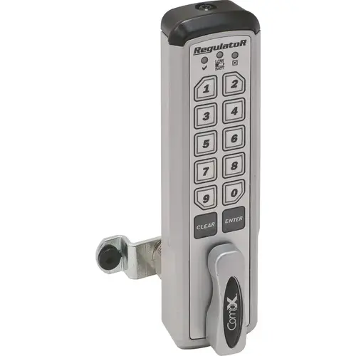 Regulator Keypad Lock, Manual Locking Horizontal, lever on left RegulatoR -, Horizontal, right hand with lever on left, 1 3/16" cylinder length Housing: gray, keypad: gray