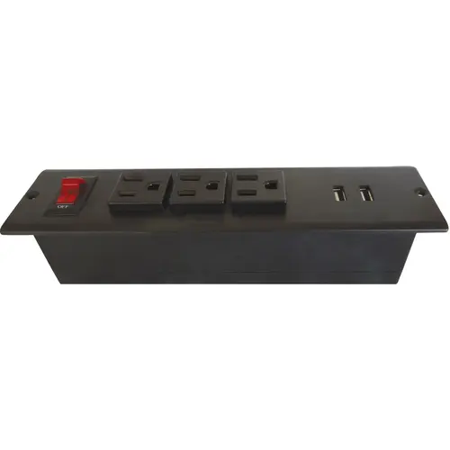 Power Bar, 3 Outlet, 2 USBs With 1 USB-A port @ 10.5 watts and 1 USB-C port @ 12 watts Face Plate Mounting, 1 USB-A port @ 10.5 watts and 1 USB-C port @ 12 watts Black