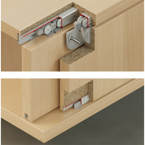 Sliding Door Hardware, Slido F-Line21 20C, set 350 - 1,250 mm with soft and self closing mechanism on one side for small doors, for wooden sliding doors, for door weight up to 20 kg, for 2 doors, with single soft closing on each door Housing: Plastic Laufwerk: Plastic Guide: Plastic Rollers: Plastic Axis: Steel