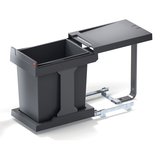 Waste Bin Pull-Out, Single Bin, Hailo Easy Cargo 20 16 5/8" 14 15/16" 9 1/2" Bin: Plastic, slate gray, cabinet width min. 300 mm Steel, slate gray, powder coated Bin and lid: Plastic, slate gray