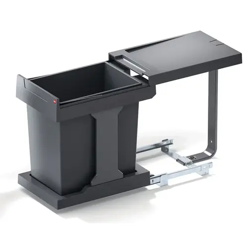 Waste Bin Pull-Out, Single Bin, Hailo Easy Cargo 20 16 3/4" 16 1/2" 9 5/8" Bin: Plastic, slate gray, cabinet width min. 300 mm Steel, slate gray, powder coated Bin and lid: Plastic, slate gray