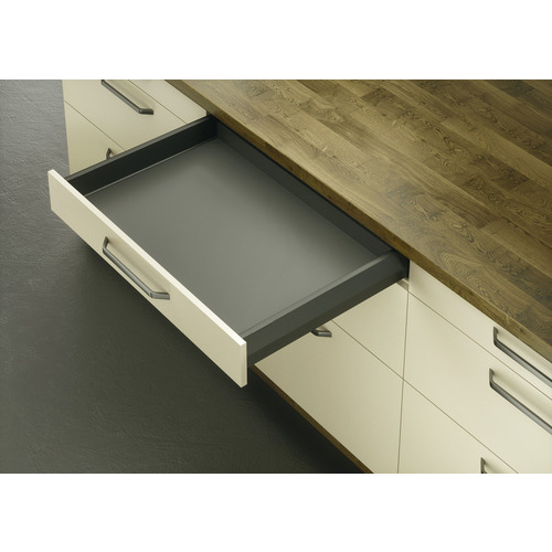 Drawer side runner system, Hafele Matrix Box P50, drawer side height (3 5/8") 92 mm, load bearing capacity (110 lbs) 50 kg 17 11/16" 450 mm Metallic anthracite, Drawer sides: Powder coated Cabinet runner: zinc plated, Drawer sides: Powder coated Cabinet runner: zinc plated