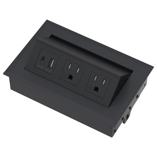 Hide-A-Dock Power/Data Station, 2 AC Outlets, 2 USB Ports With 1 USB-A port @ 10.5 watts and 1 USB-C port @ 12 watts Aluminum housing, 1 USB-A port @10.5 watts and 1 USB-C port @ 12 watts; black Black