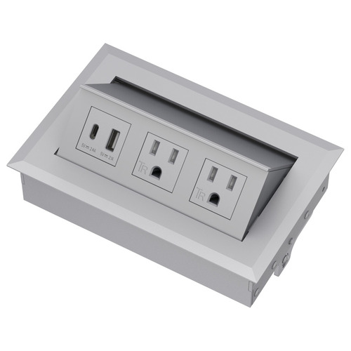 Hide-A-Dock Power/Data Station, 2 AC Outlets, 2 USB Ports With 1 USB-A port @ 10.5 watts and 1 USB-C port @ 12 watts Aluminum housing, 1 USB-A port @10.5 watts and 1 USB-C port @ 12 watts; silver Silver colored