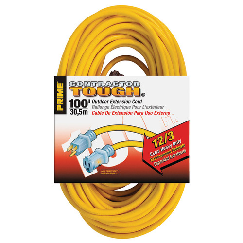 Extension Cord, Contractor Grade with Primelight Indicator Light 100 ft 12/3 gauge, 100 ft Yellow