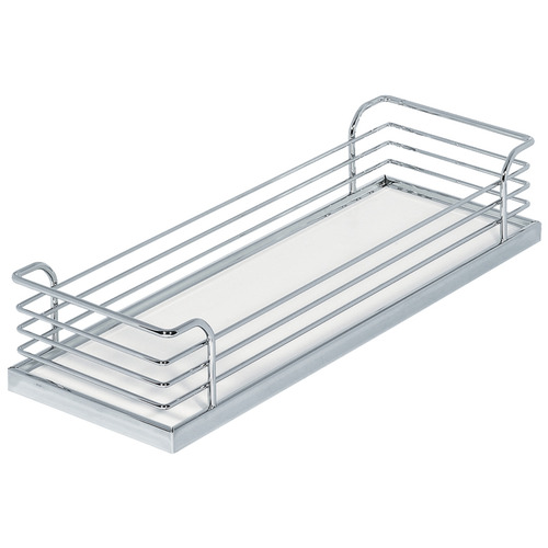 Storage Tray, Arena Plus, for 88 lbs. Weight Capacity Pantry Pull-Out and Base and Corner Units 18 1/2" 110 x 470 x 88 mm 23 7/16" 22 1/8" 4 3/8" With non-slip effect, Classic, railing: Chrome plated, shelf: White, width: 110 mm Base panel: White, Railing: Chrome plated, Surround: Chrome Shelf: White