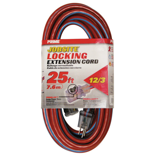 Extension Cord, Jobsite Locking with Primelok and Primelight Indicator Light 300" 12/3 gauge Red Blue